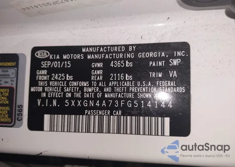 2015 Kia Optima Ex z USA, uszkodzony, nr VIN 5XXGN4A73FG514144